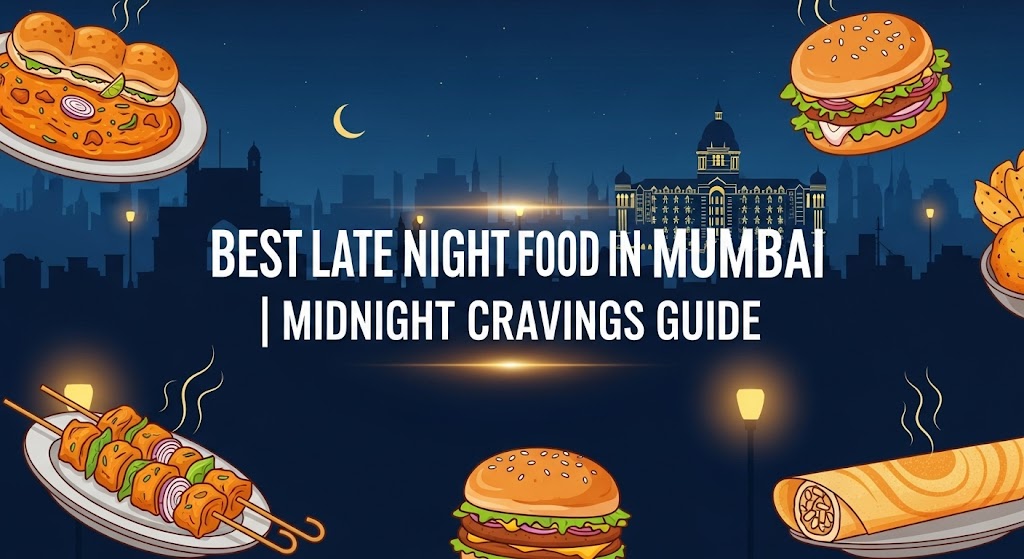 Best Late Night Food in Mumbai blog banner featuring popular street food like pav bhaji, kebabs, burgers, and rolls with Mumbai cityscape at night