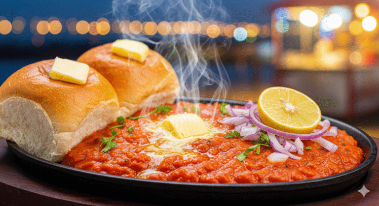 Steaming hot pav bhaji served with buttery pav, lemon slice, and onions, a popular Mumbai street food delight.